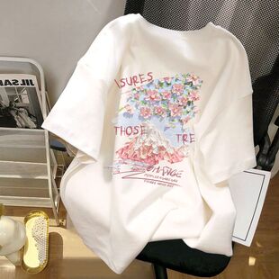 上衣 白色小众设计感宽松半袖 300克重磅新疆棉国潮花卉短袖 T恤夏季