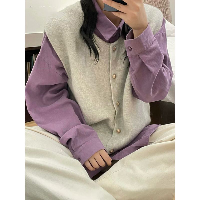 100%全棉浅紫灯芯绒衬衫女春秋