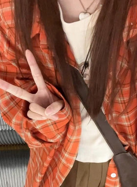 韩系潮流纯棉橙色格子衬衫女小众设计感宽松遮肉显瘦衬衣防晒开衫