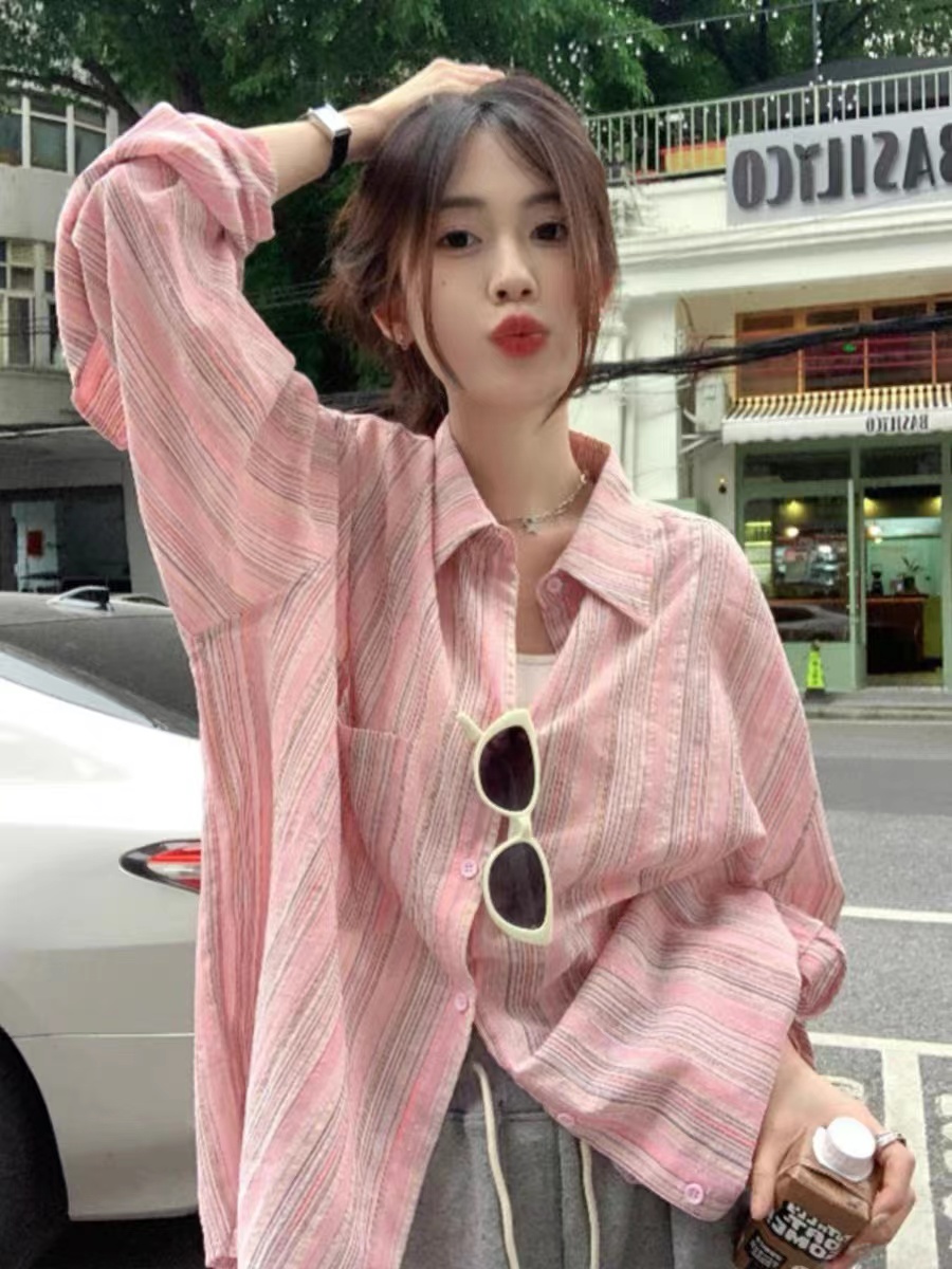 粉色条纹防晒衬衫外套女夏季薄款宽松中长款休闲长袖衬衣oversize