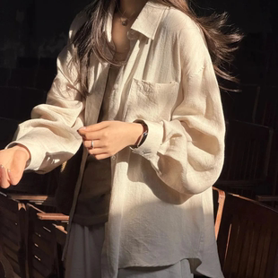 法式极简风米色亚麻翻领衬衫女夏季松弛感慵懒外穿防晒衫长袖衬衣