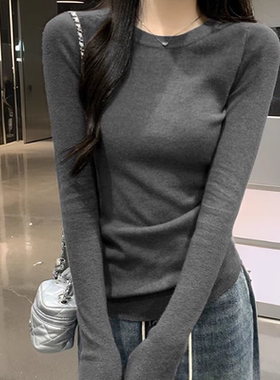 高级感灰色圆领长袖内搭打底衫女修身显瘦正肩韩系上衣t恤
