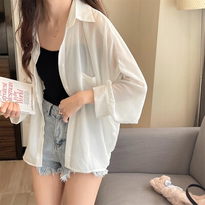 超仙雪纺长袖防晒衬衫夏新款长袖白色薄款大码宽松高级感开衫外套