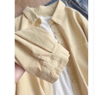 100%棉杏色纯色衬衫 女上衣秋冬内搭叠穿设计感小众衬衣薄外套春夏