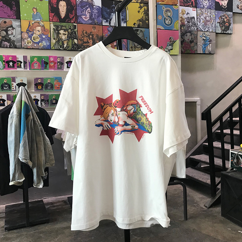 thumbnail for JOJO's bizarre adventure empty strip Xu Lun short sleeve ins super fire men and women summer heavy shoulder sleeve couple t-shirt