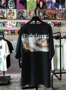 上帝之手:米开朗基罗T恤夏季复古做旧落肩袖重磅半袖oldSkool打底