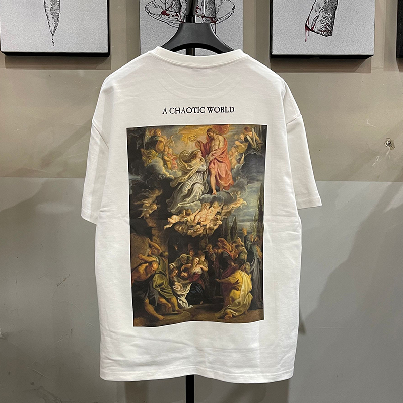 夏季新款潮牌t恤希腊油画风格欧美短袖宽松落肩重磅半袖男女上衣