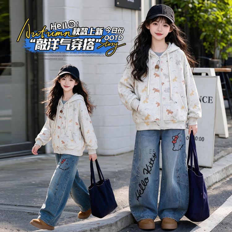 女童春秋套装连帽开衫外套2026新款儿童洋气秋季时髦牛仔裤两件套图片