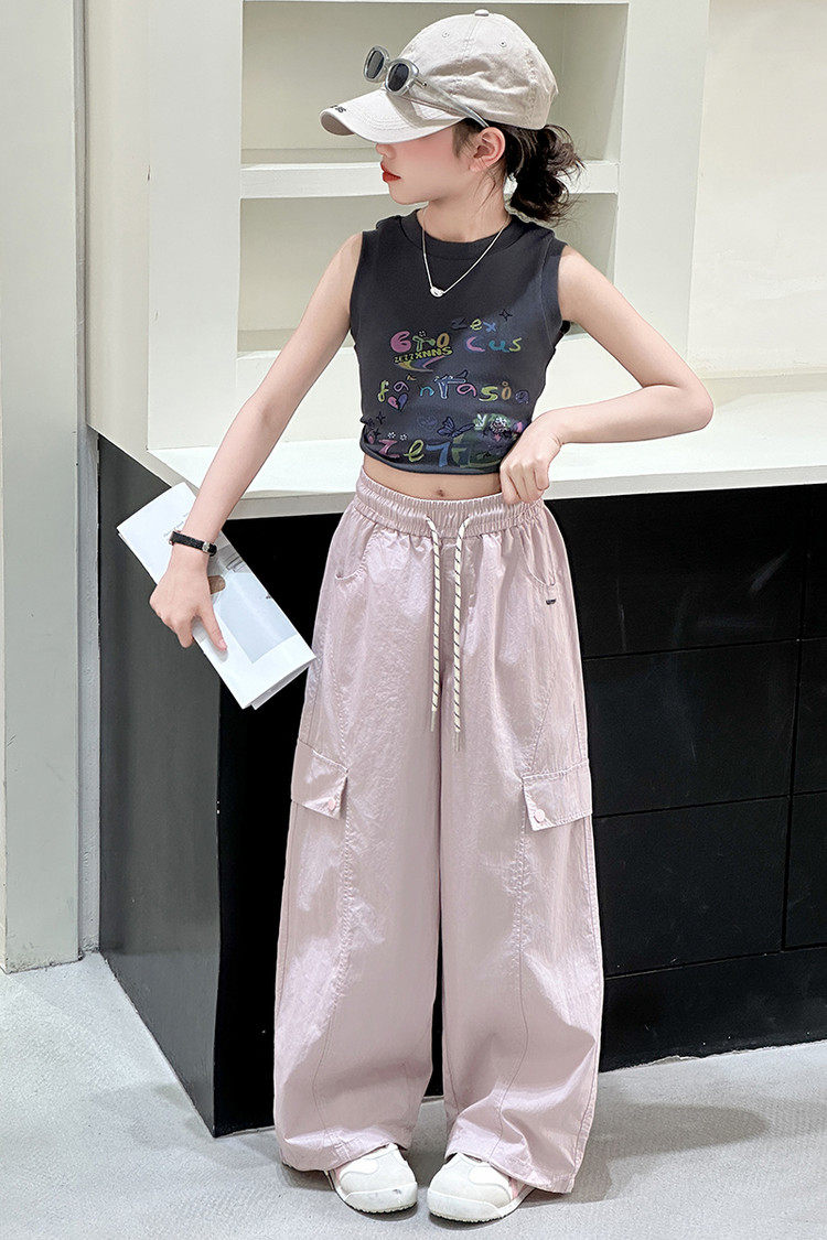 2026夏季新款女童裤子冰丝工装裤黑色孩儿童中大童防蚊裤薄阔腿裤