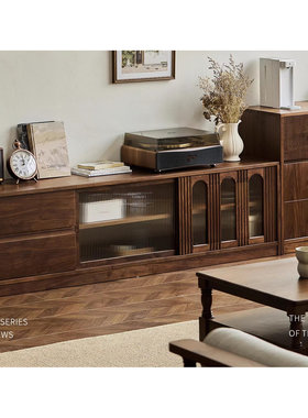 北欧复古落地电视柜黑胡桃木原木收纳柜法式简约樱桃木视听柜组合