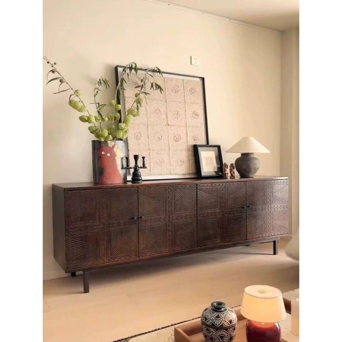 北欧诧寂风实木餐边柜雕花电视柜复古全实木法式艺术边储物收纳柜