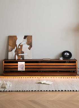 北欧黑胡桃木落地电视柜小户型客厅家用卧室带氛围灯实木储物地柜