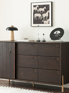 北欧实木餐边柜表情储物柜中古收纳柜复古橡木移门边柜抽屉玄关柜