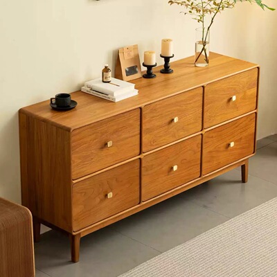 缅甸柚木北欧简约中古卧室床尾储物收纳六斗柜原木靠墙抽屉电视柜
