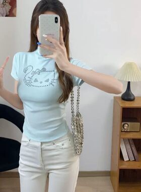 8511#夏季新款辣妹烫钻半高领拼接短袖T恤女修身一体式带胸垫上衣