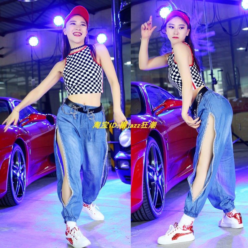 动感爵士跳舞女表演套装宽松休闲开叉边牛仔裤露脐嘻哈上衣演出服|ruв категории Женская одежда, костюм/национальная одежда/театр костюм, национальная одежда/этап погрузки - от Buy2taobao.com для оказания профессиональной услуги покупки агента Taobao