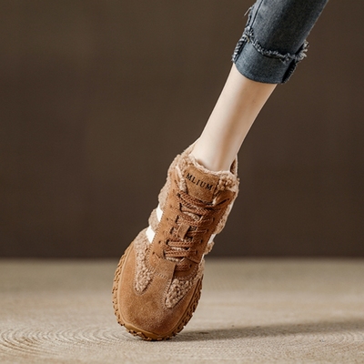 西班牙小众品牌ONGYSL厚底皮毛一体高帮板鞋女加绒保暖棉鞋毛毛鞋