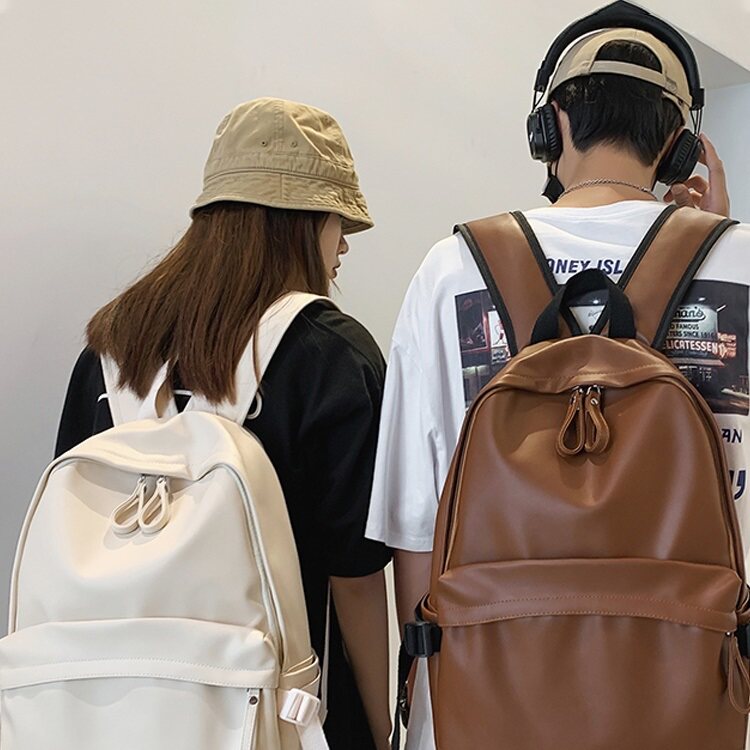 法国MKCLACK新款简约纯色软皮防水书包女大学生时尚高中生背包