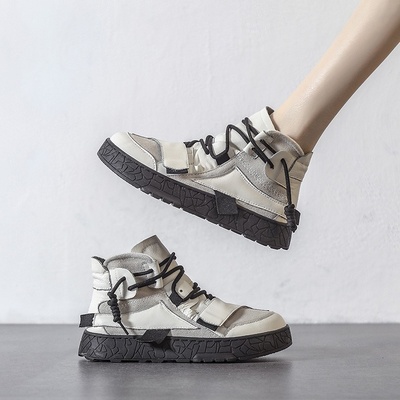 西班牙小众品牌ONGYSL魔术贴真皮加绒高帮小白鞋女软底运动鞋板鞋