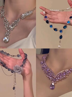 轻奢风重工超闪彩色水钻项链高级感个性风气质晚宴礼服锁骨链配饰