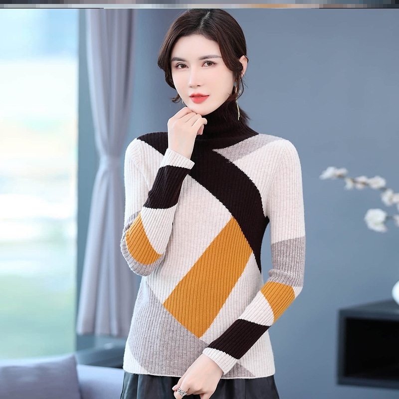 靓丽坊撞色厚羊毛衫女2021年冬季新款毛针织衫修身高领毛衣女上衣