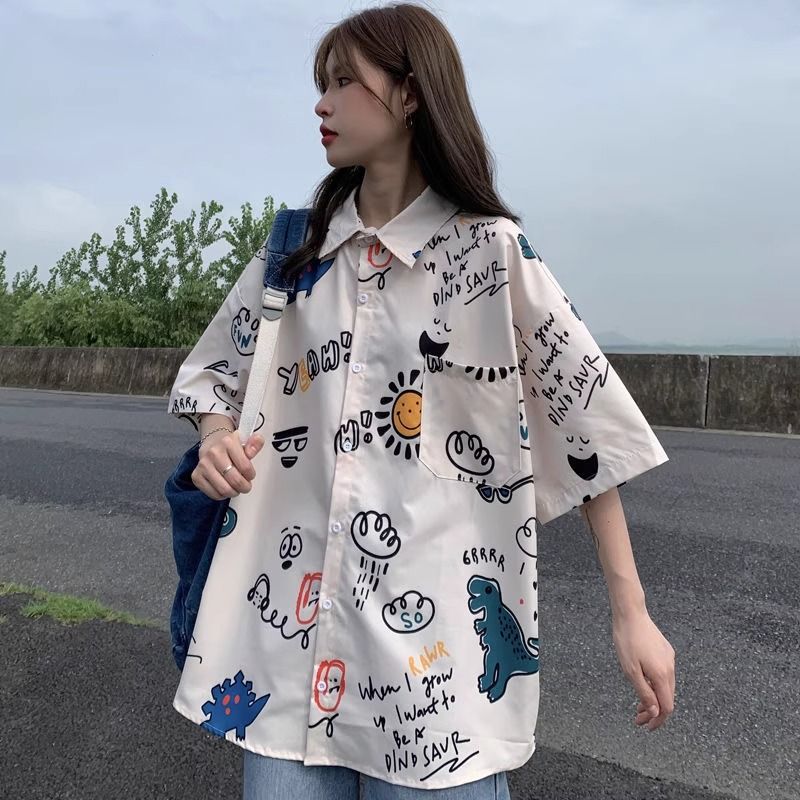 polo领短袖衬衫女大码胖mm设计感印花衬衣港味chic多巴胺上衣夏