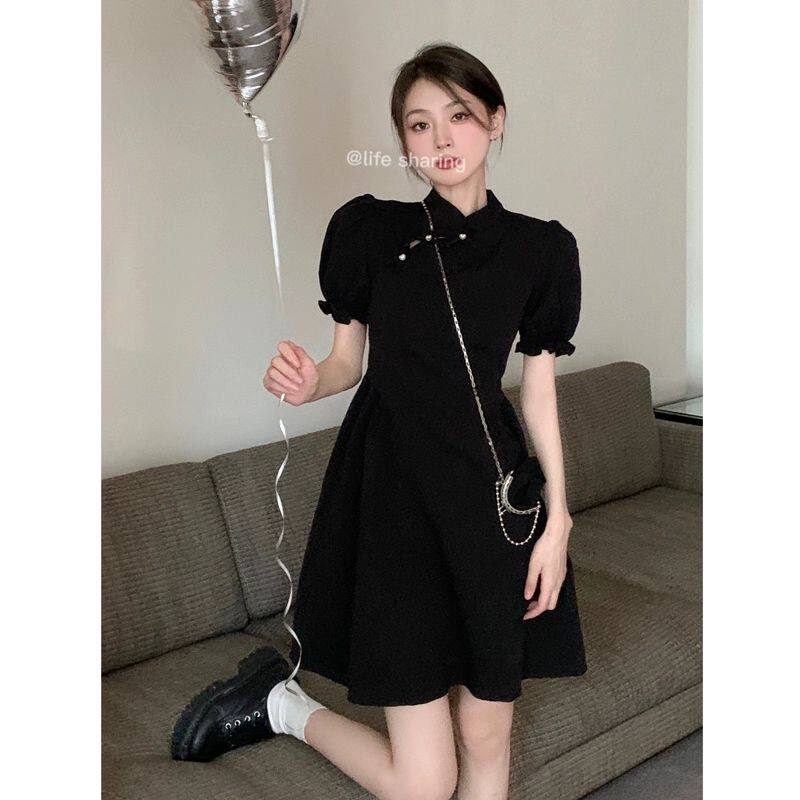 2025新款时尚高腰立领短袖夏装新中式改良短款旗袍裙女复古连衣裙