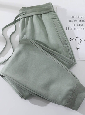 绿色百搭卫裤女加绒加厚裤子运动休闲显瘦高腰长裤束脚春秋运动裤