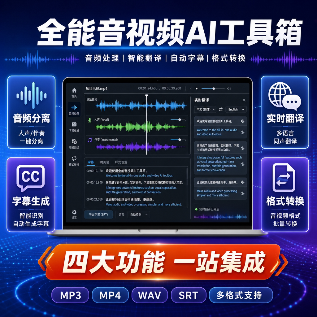 音乐伴奏乐器消音人声分离实时翻译字幕文件格式转换多功能