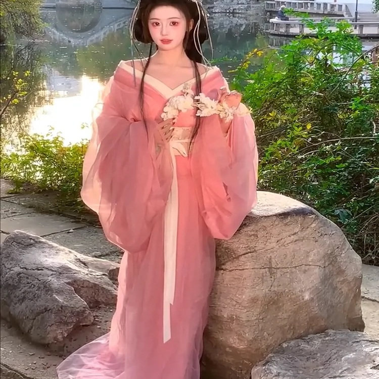 汉服女战国袍粉色蕾丝拖地日常连衣裙仙气国风古装直裾大袖春夏