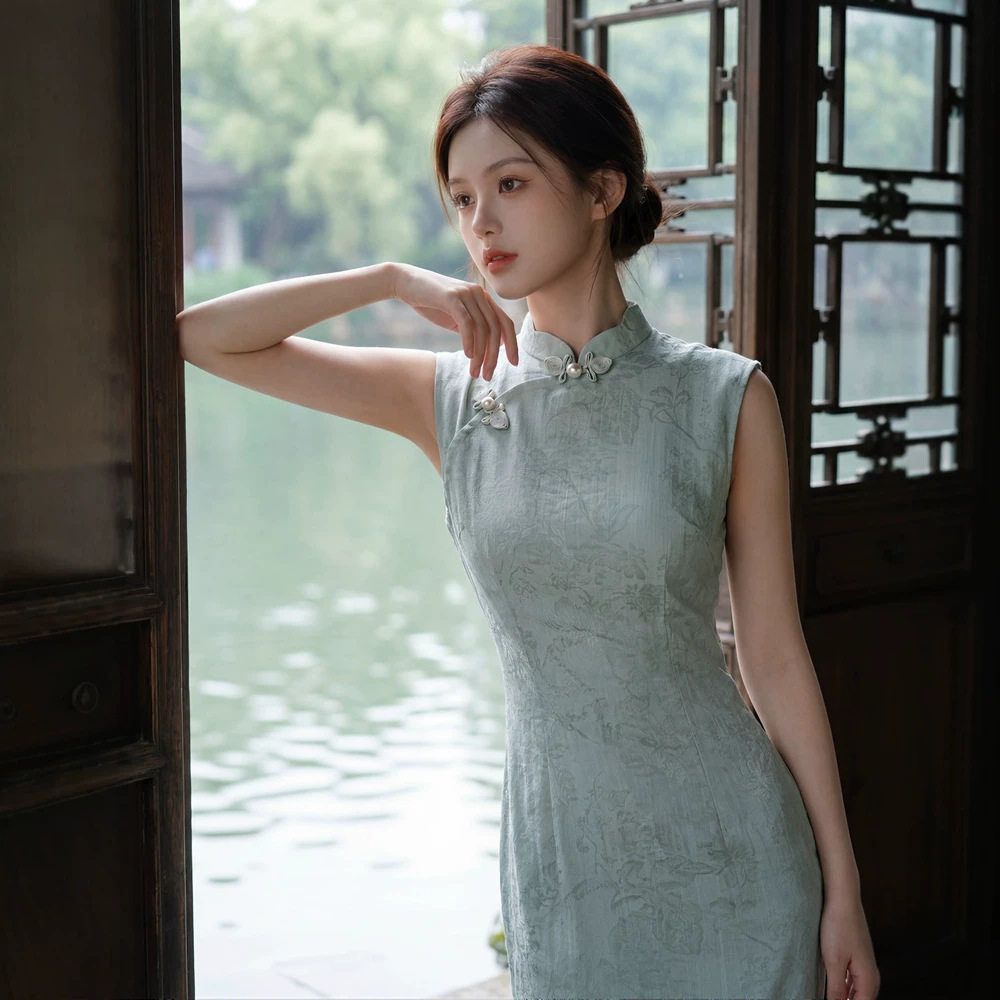 贝之韵蓝色竹节麻印花夏长款旗袍女2026夏新款少女无袖年轻款