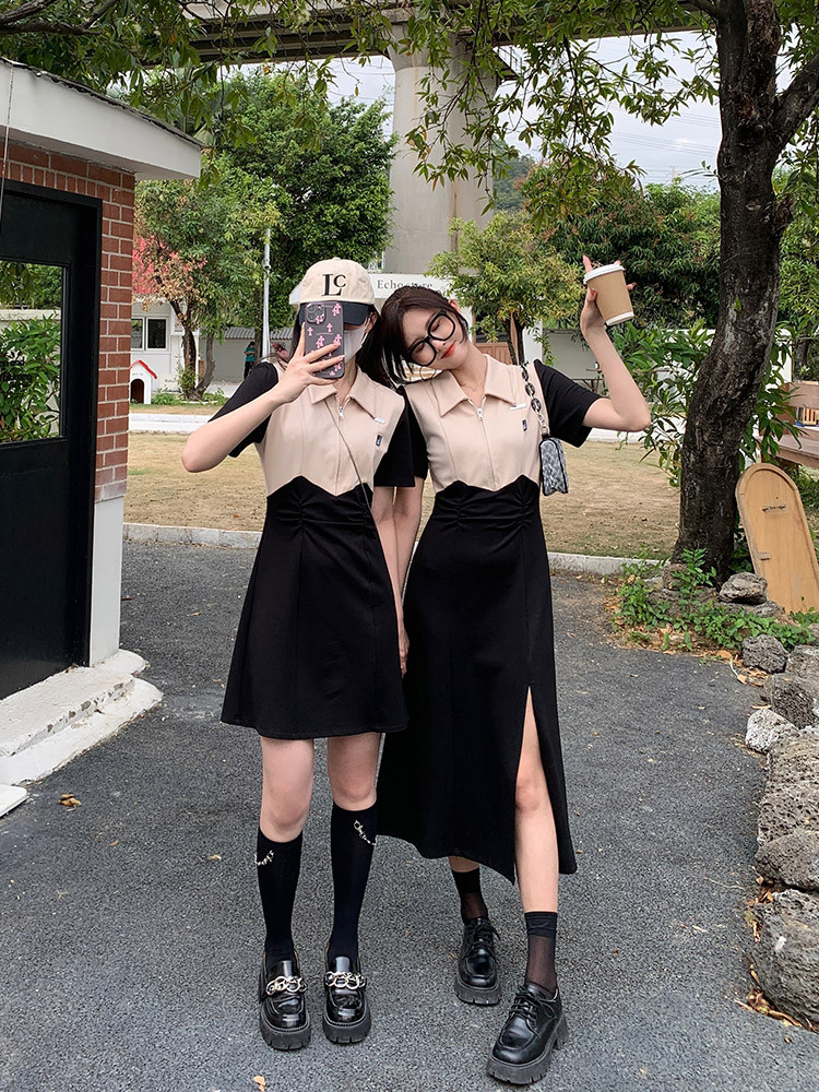 大码女装200斤胖MM闺蜜装显瘦遮肚撞色时髦夏季新款polo领连衣裙