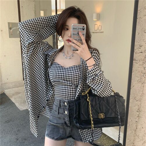 千鸟格格吊带衬衫女纯欲风