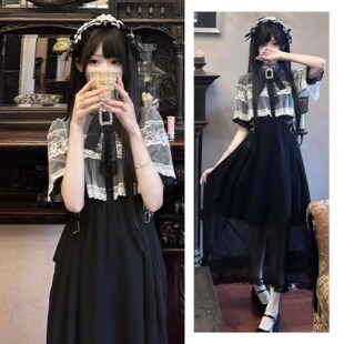 日系斗篷披肩连衣裙女半袖 纱裙 蝴蝴结双层蕾丝网纱甜美学院中长款