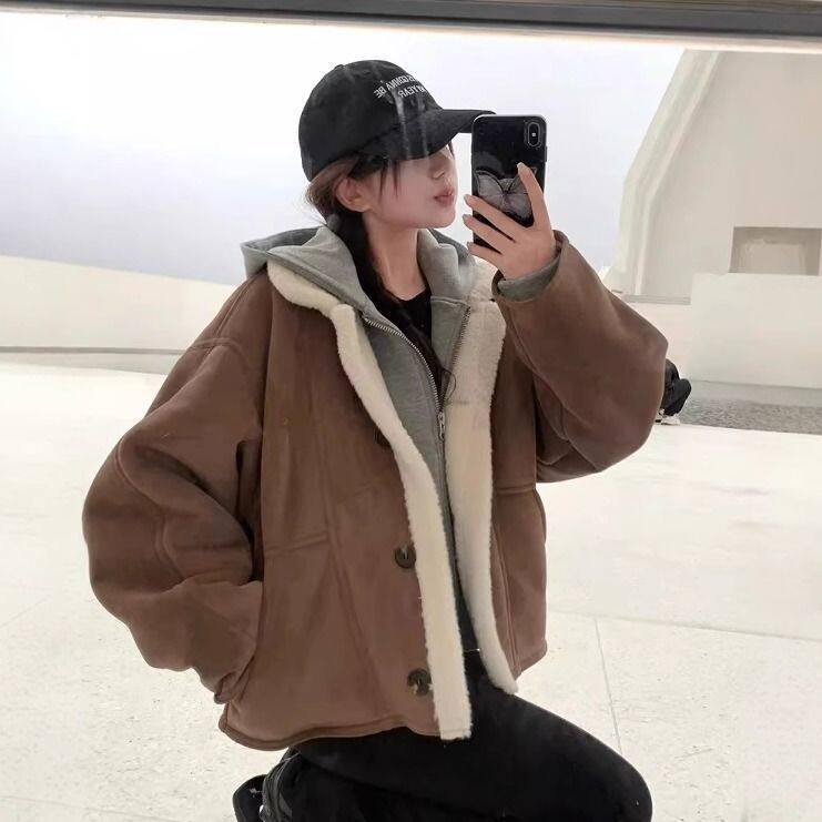 美拉德复古毛绒绒棉服女冬季加厚保暖宽松翻领皮毛一体羊羔毛外套,女装/女士精品,短外套,淘宝优惠券,粉丝福利购,淘宝优惠卷