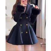 赫本千金保暖掐腰毛呢外套裙女秋冬名媛毛毛领拼接呢子大衣双排扣
