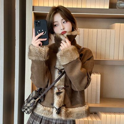 美拉德短款毛绒领短外套棉服