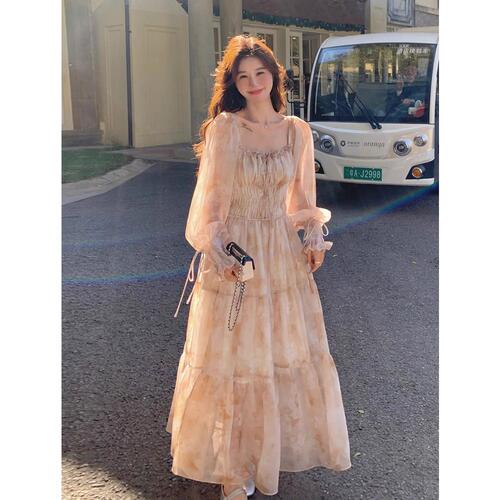 仙女绑带A字裙碎花聚脂纤维