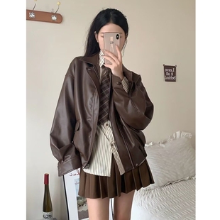 复古美式 美拉德 咖色皮衣夹克外套女早春秋甜酷风机车PU皮宽松长袖