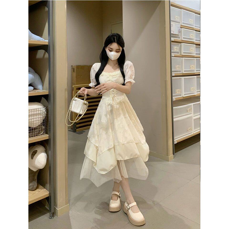 法式收腰蓬蓬大摆裙公主裙夏季蕾丝邦带仙女显瘦不规则短袖连衣裙