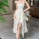 大码 茶歇法式 碎花吊带连衣裙夏季 设计感不规则前短后长拖尾仙女裙