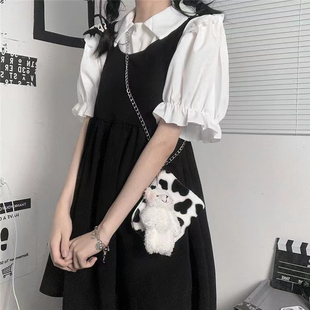 学院风少女甜酷背带裙连衣裙女夏季小个子套装裙宽松绝美裙子ins