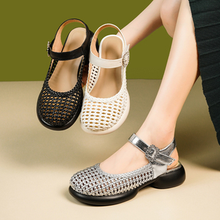 罗马鞋女款2026新款夏季真皮女鞋女士镂空包头凉鞋大码洞洞凉单鞋