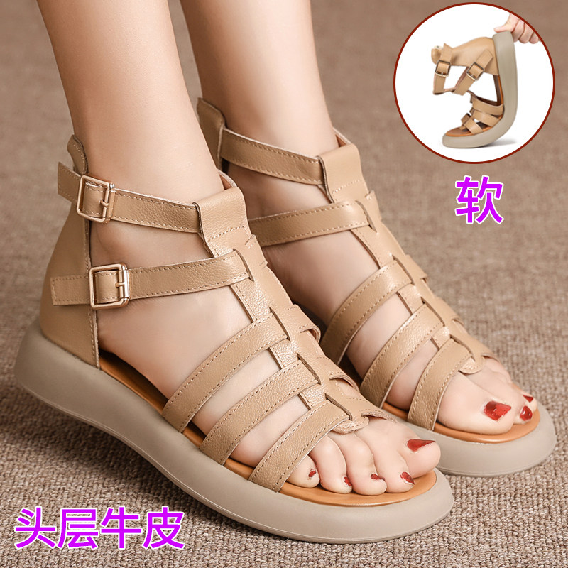 夏季低跟平底软底妈妈凉鞋女士真皮凉鞋女式凉皮鞋罗马凉鞋沙滩鞋
