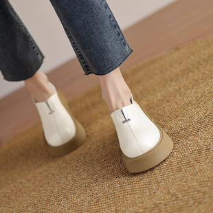 真皮松糕厚底单鞋女英伦风春秋新款一脚蹬百搭乐福鞋大头丑萌皮鞋