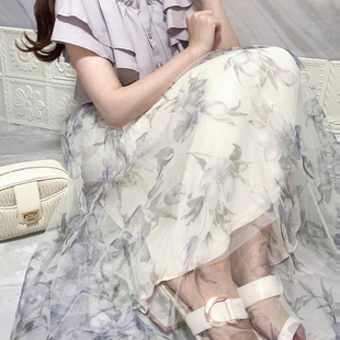 日本GRL官网代购包邮日系薄纱双层大裙摆花卉薄纱喇叭裙[tt004]