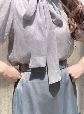 日本GRL官网代购包邮两way杨柳纹银丝雪纺缎带灯笼袖衬衫[tg629]