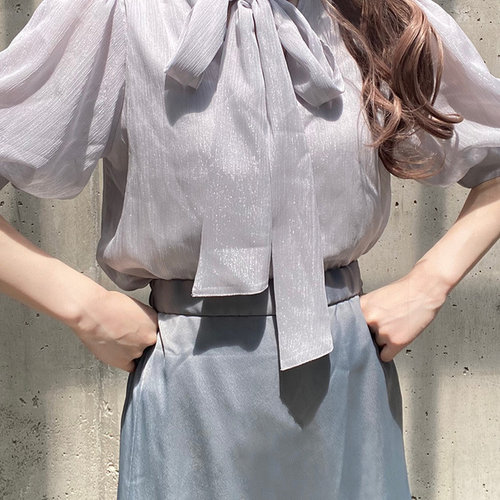 日本GRL官网代购包邮两way杨柳纹银丝雪纺缎带灯笼袖衬衫[tg629]