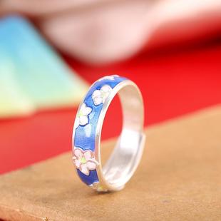复古国风9999足银戒指女开口可调节时尚景泰蓝花卉纯银指环饰品