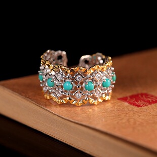 名媛风S925纯银天然松石戒指女开口复古贵气耳钉异域小众饰品时尚